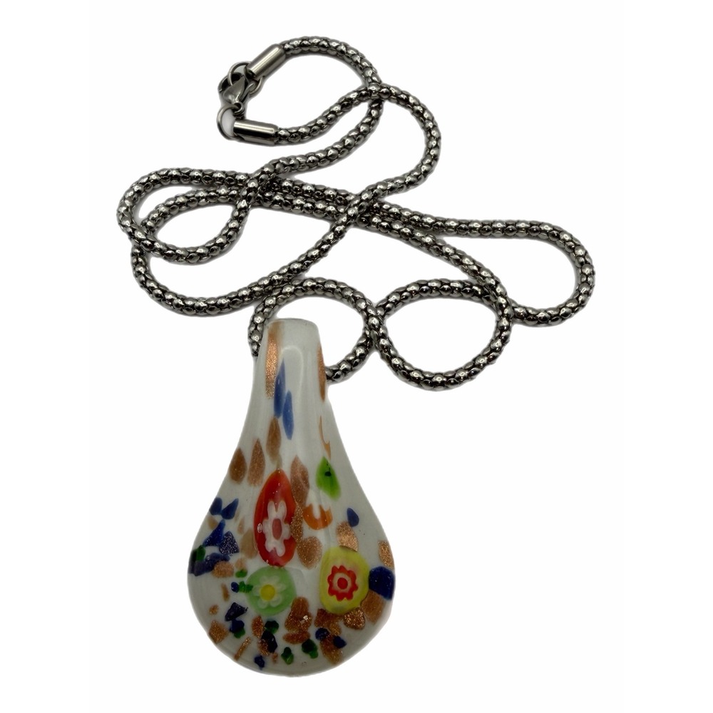 Murano Style Millefiori Art Glass Teardrop Pendant Necklace Silver Tone Chain